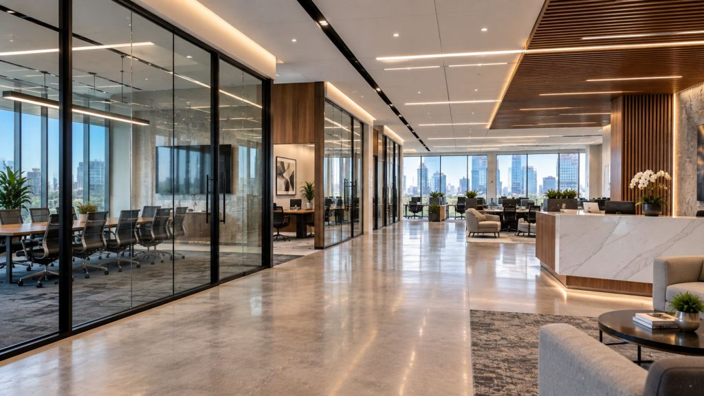 Completed office build-out with glass office fronts and a reception area