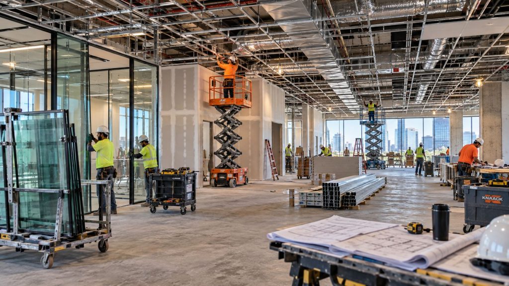Office build-out in progress with open ceilings, lifts and glass panels staged on site