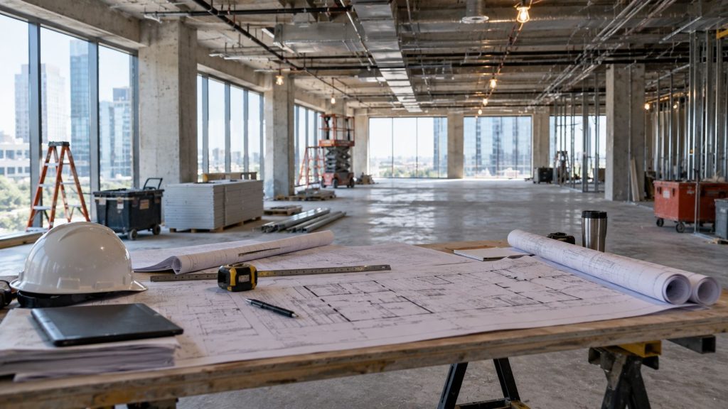 Construction drawings and a hard hat on a job-site table during interior framing