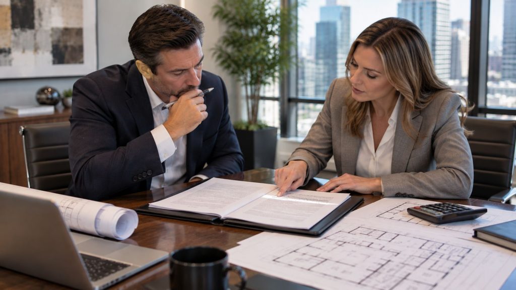 Business owners reviewing a commercial office floor plan