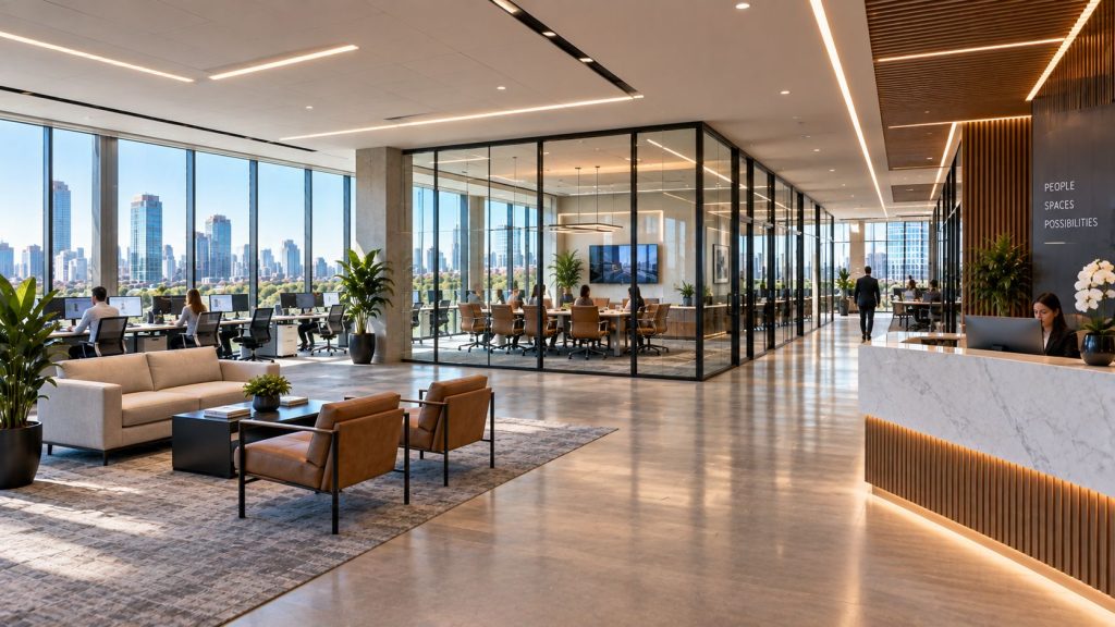 Finished office interior with glass conference rooms and lounge seating